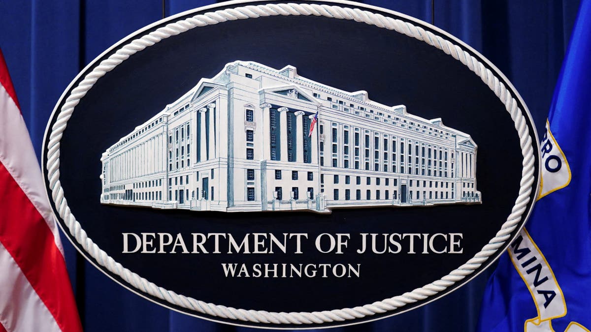 The United States Department of Justice Logo is seen at the Justice Department headquarters in Washington