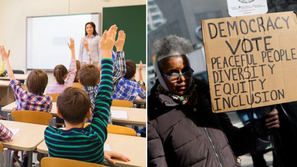 Students in the classroom, on the left; manifesting with sign, correct